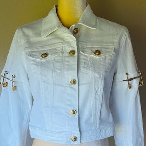 Rare! Versus Versace White Denim Jacket with Gold Lion Buttons, Sz 44 NWOT